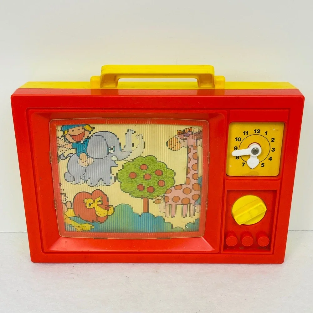 Vintage Blue-Box Musical Toy TV Wind Up Scrolling Jungle Animals Red Yellow 1970